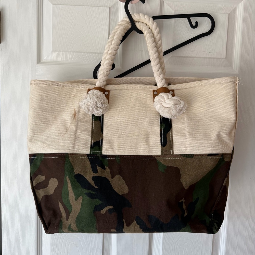 Vintage LL Bean Canvas & Camo Rope-Handle Tote Bag - Cream and Camouflage